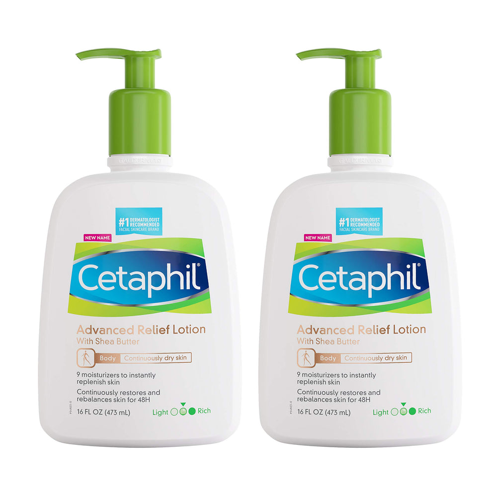 Cetaphil Advanced Relief Lotion bottle front showing 2-pack and fragrance-free formula