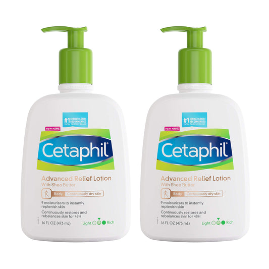 Cetaphil Advanced Relief Lotion bottle front showing 2-pack and fragrance-free formula