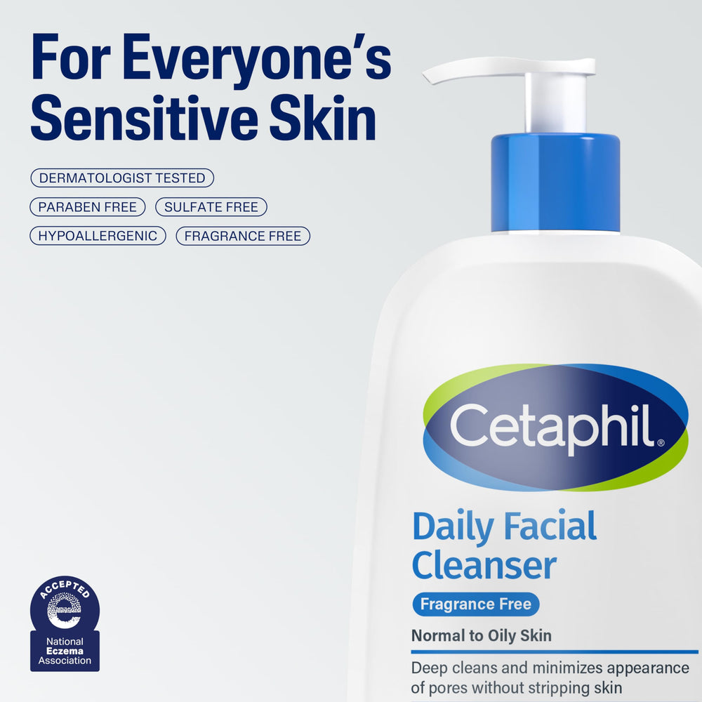 Five signs of sensitivity concept beside Cetaphil bottle.