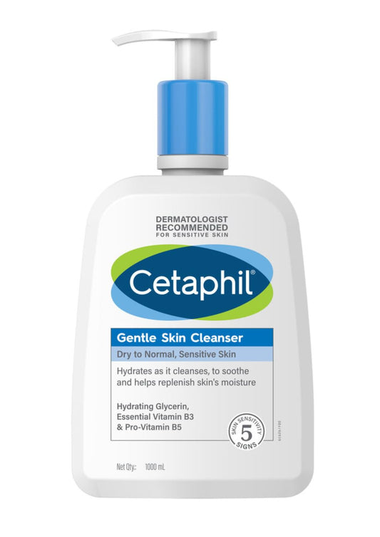 Cetaphil Gentle Skin Cleanser 1L bottle on bathroom shelf for gentle daily cleansing.