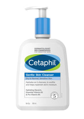 Cetaphil Gentle Skin Cleanser 1L bottle on bathroom shelf for gentle daily cleansing.