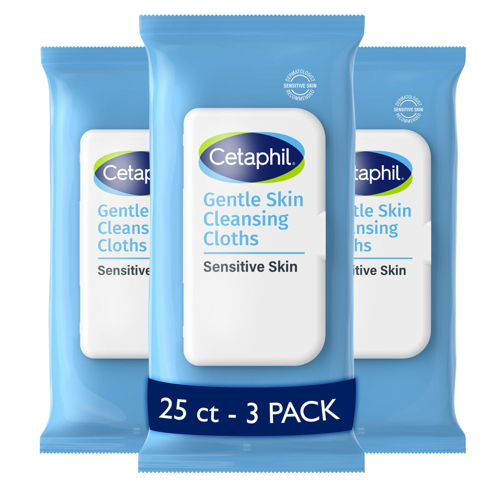 Cetaphil Gentle Skin Cleansing Cloths pack front view; fragrance-free cleansing for sensitive skin.
