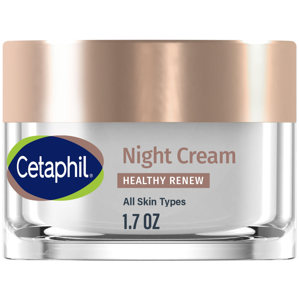 Cetaphil Healthy Renew Night Cream bottle on a bathroom shelf for evening hydration