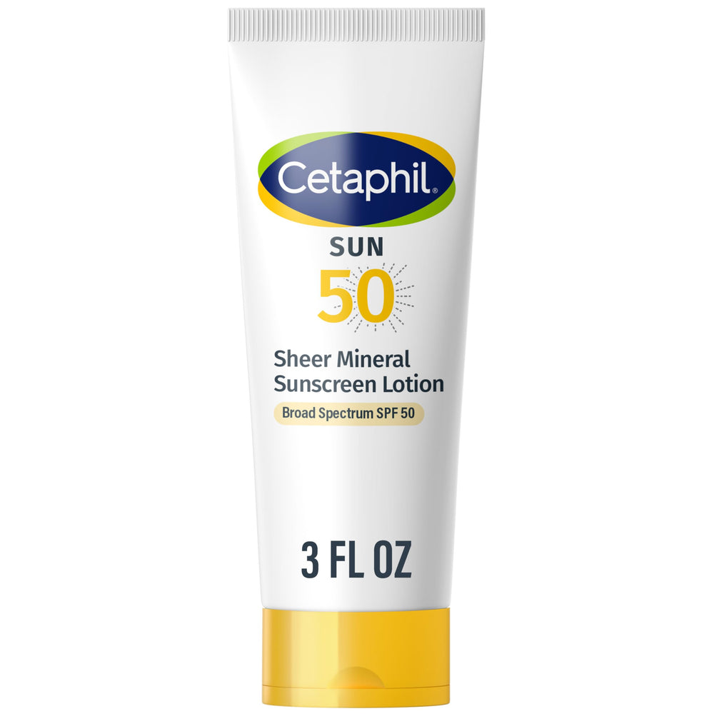 Cetaphil Sheer Mineral Sunscreen SPF 50 front packaging shows a compact, travel-friendly bottle.