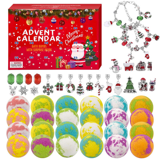 Cf Natural Daily Advent Calendar 24 bath bombs box front highlighting festive packaging for gifting.