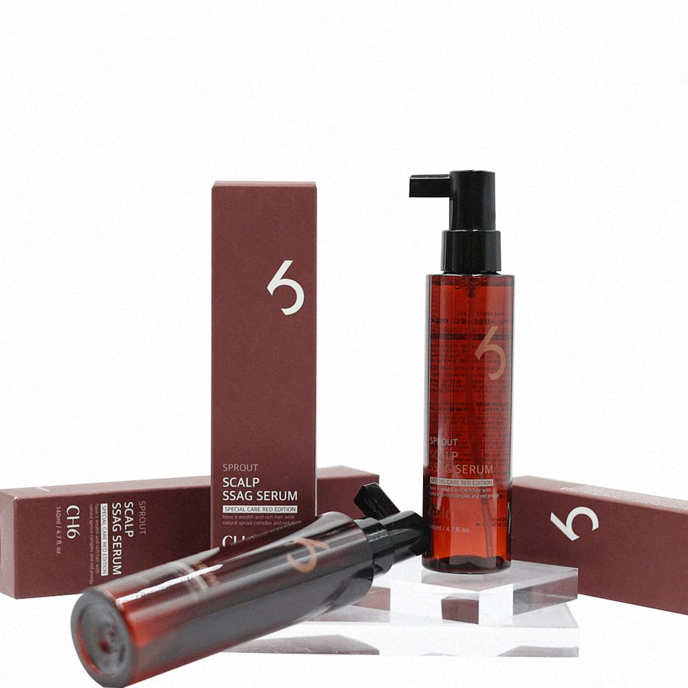 Close-up of CH6 Scalp Ssag Serum Red Edition label highlighting antioxidant formula