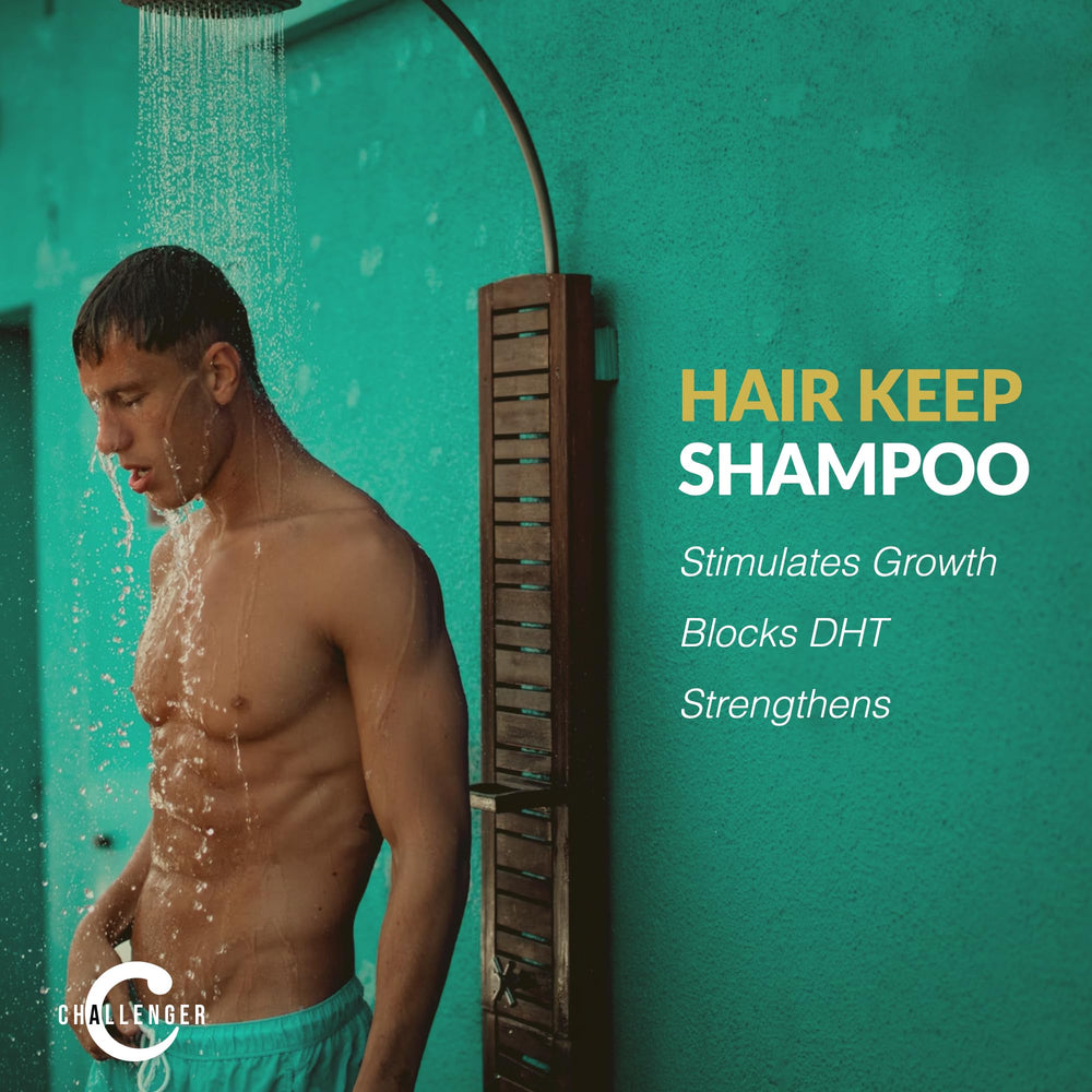 Challenger Hair Keep Shampoo label highlights Baicapil and Capixyl ingredients.