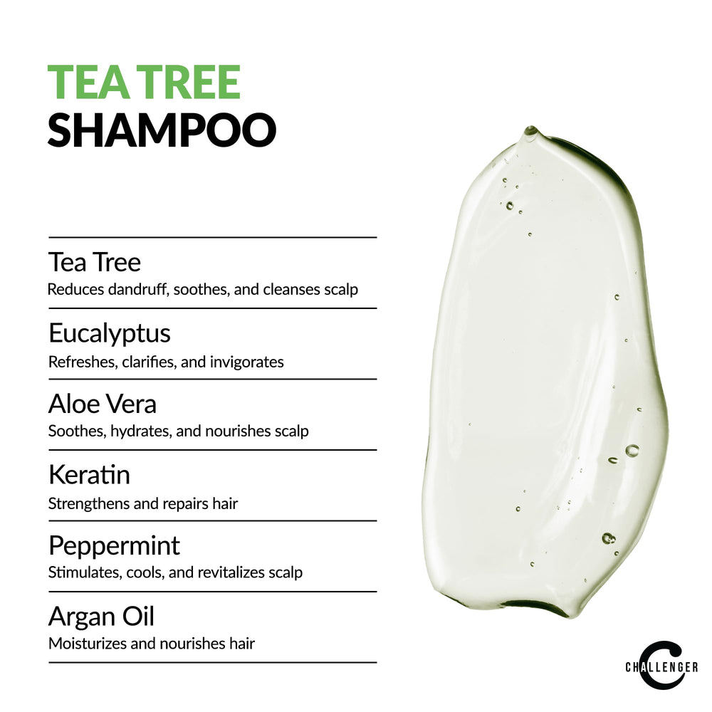 Challenger Tea Tree Shampoo ingredients highlight argan oil and biotin for hair care.