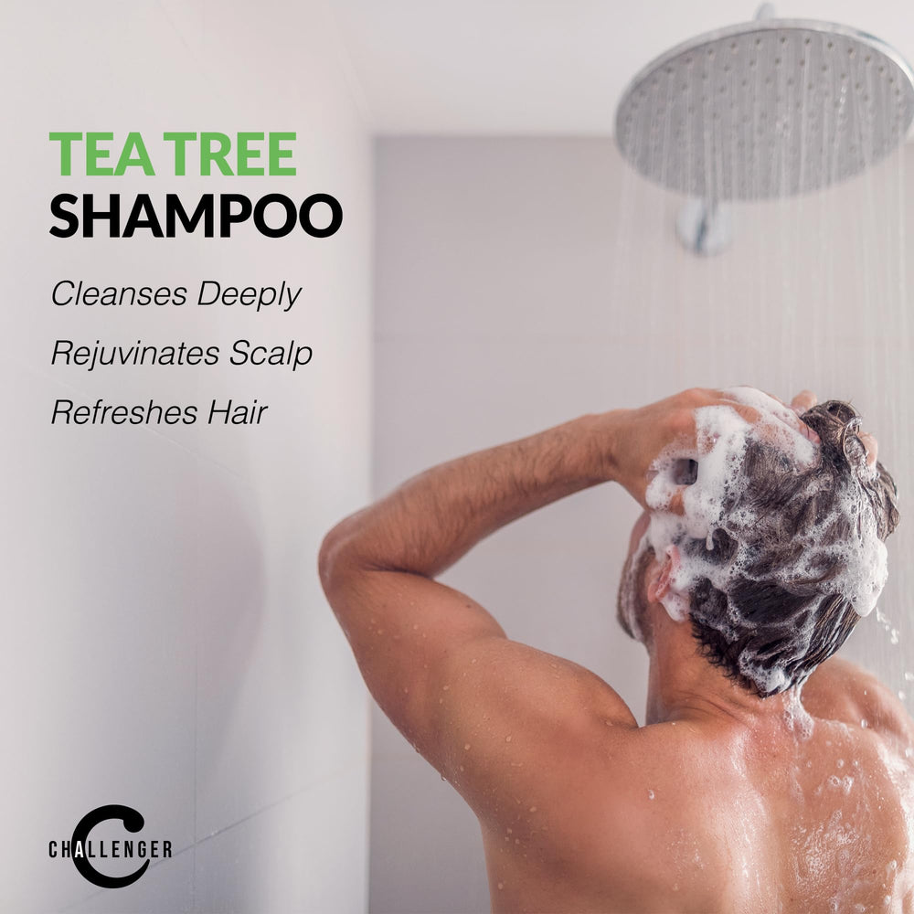 Challenger Tea Tree Shampoo scent blends tea tree, peppermint, and eucalyptus for a refreshing cleanse.