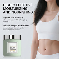 Green-packaged champagne moisturizing body creme bottle suggests premium tightening