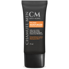 CHAMUEL MEN anti aging daily aftershave bottle on bathroom shelf soothing post-shave irritation