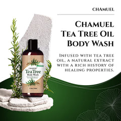 Chamuel Tea Tree Body Wash bottle side view, plant-powered care for sensitive skin.
