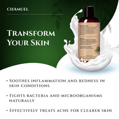 Chamuel Tea Tree Body Wash ingredients visual featuring Aloe Vera and essential oils.