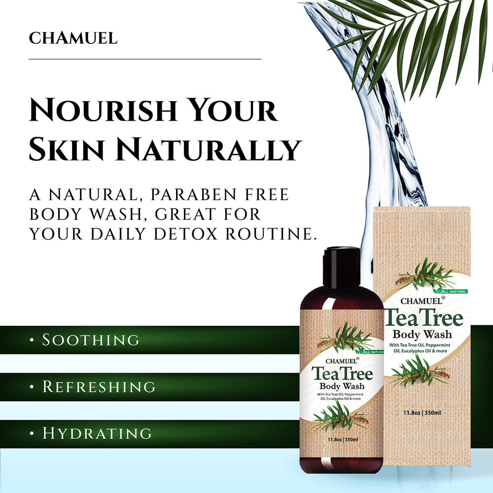 Chamuel Tea Tree Body Wash label detail showing natural ingredients.