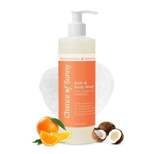 CHANCE OF SUNNY refreshing citrus bath bottle pour delivers gentle cleansing and bright fragrance.