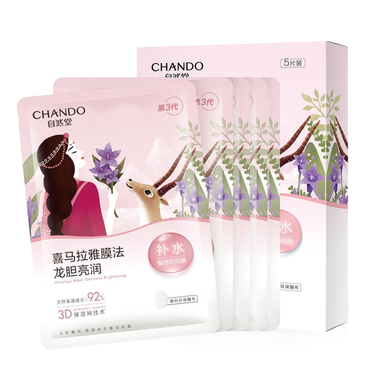 CHANDO HIMALAYA Gentiana Sheet Mask packaging showcasing Himalayan botanicals for radiant hydration.