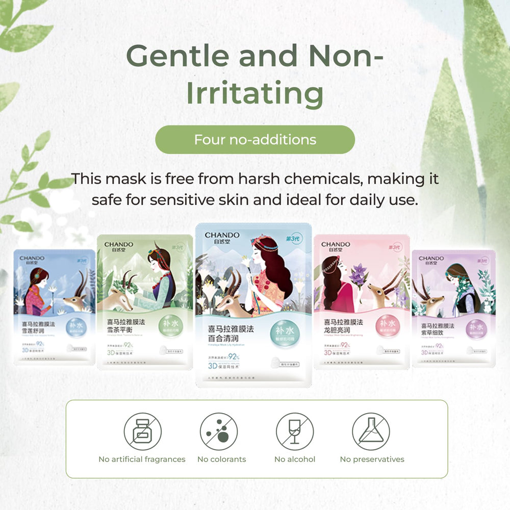 CHANDO HIMALAYA Thamnolia mask paraben-free label reassures skin-friendly, alcohol-free formula.