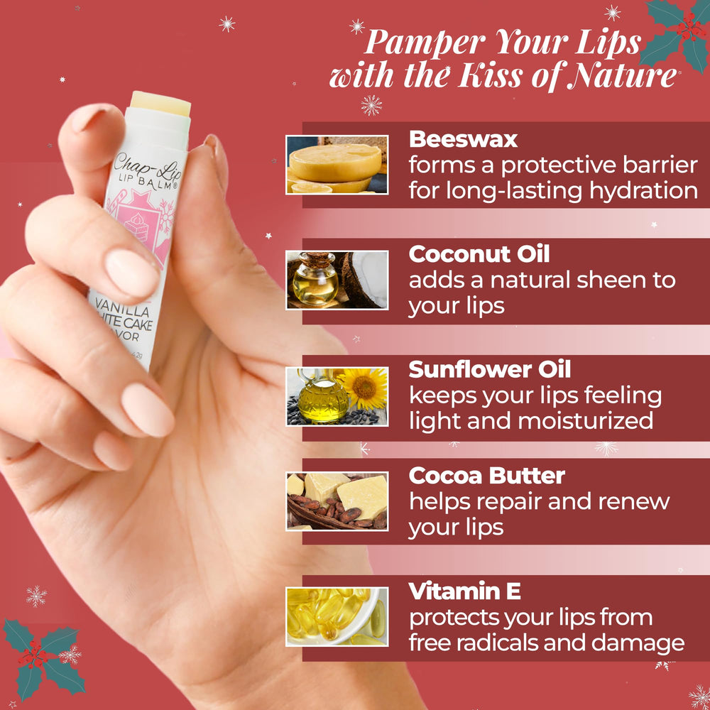 Chap-Lip Lip Balm peppermint flavor close-up with wintry vibe.