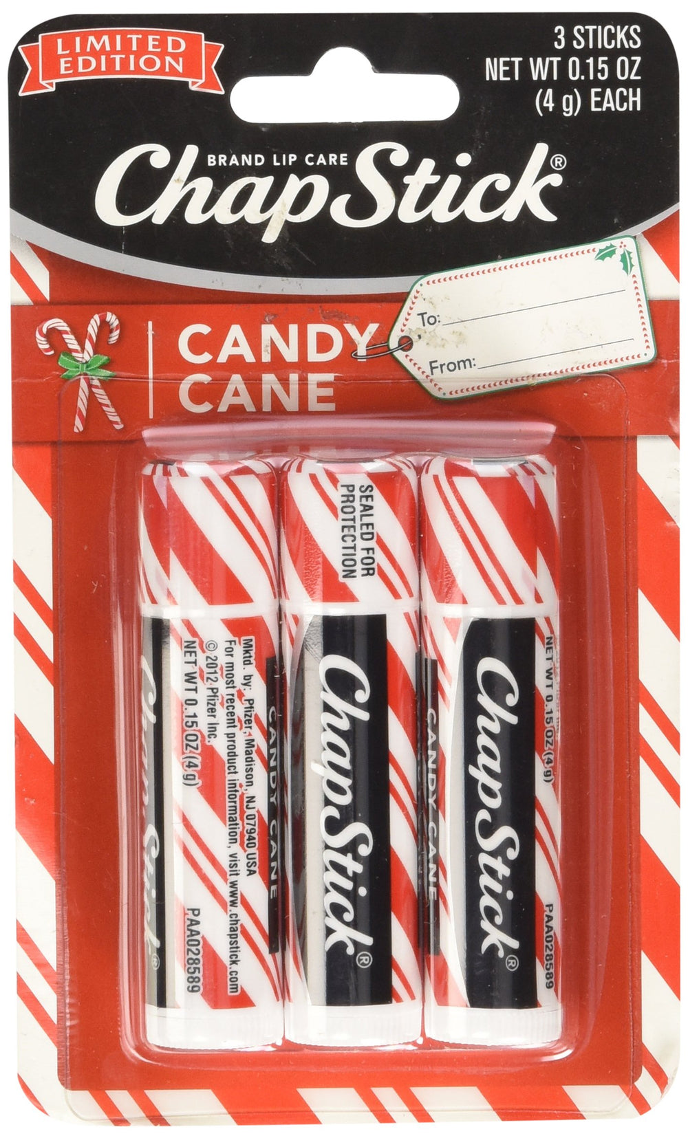 ChapStick Candy Cane front view three-pack lip balm for festive hydration