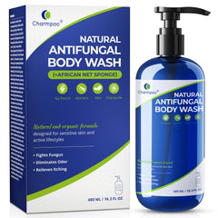CHARMPOO natural antifungal body wash bottle closeup with tea tree blend
