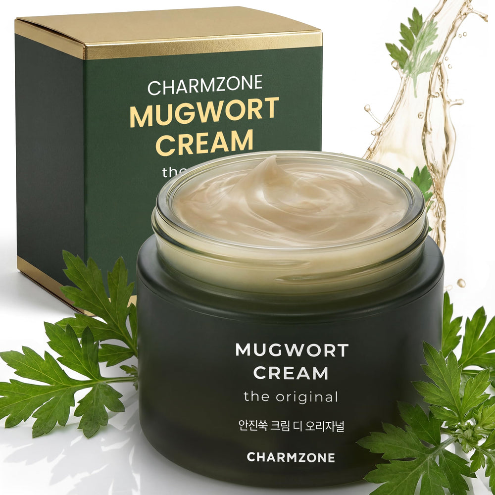 CHARMZONE Mugwort Cream jar close-up showing deep hydration for dry skin.