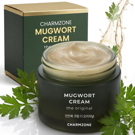 CHARMZONE Mugwort Cream jar close-up showing deep hydration for dry skin.