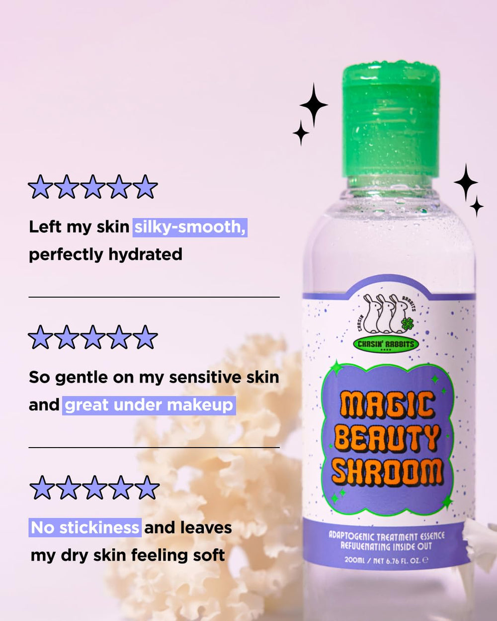 CHASIN' RABBITS Magic Beauty Shroom Essence label highlights cruelty-free and planet-friendly packaging