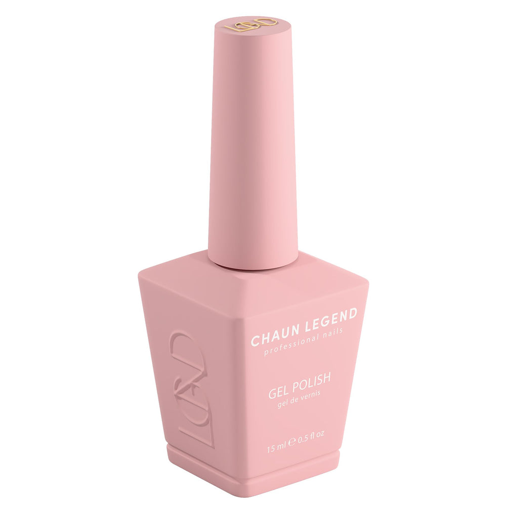 Chaun Legend Gel Nail Polish Hush Little Blush bottle closeup showing vibrant color and premium finish.