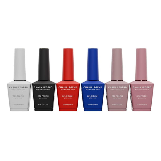 Chaun Legend UV LED gel bottle display highlighting long-lasting colors for professional manicures.
