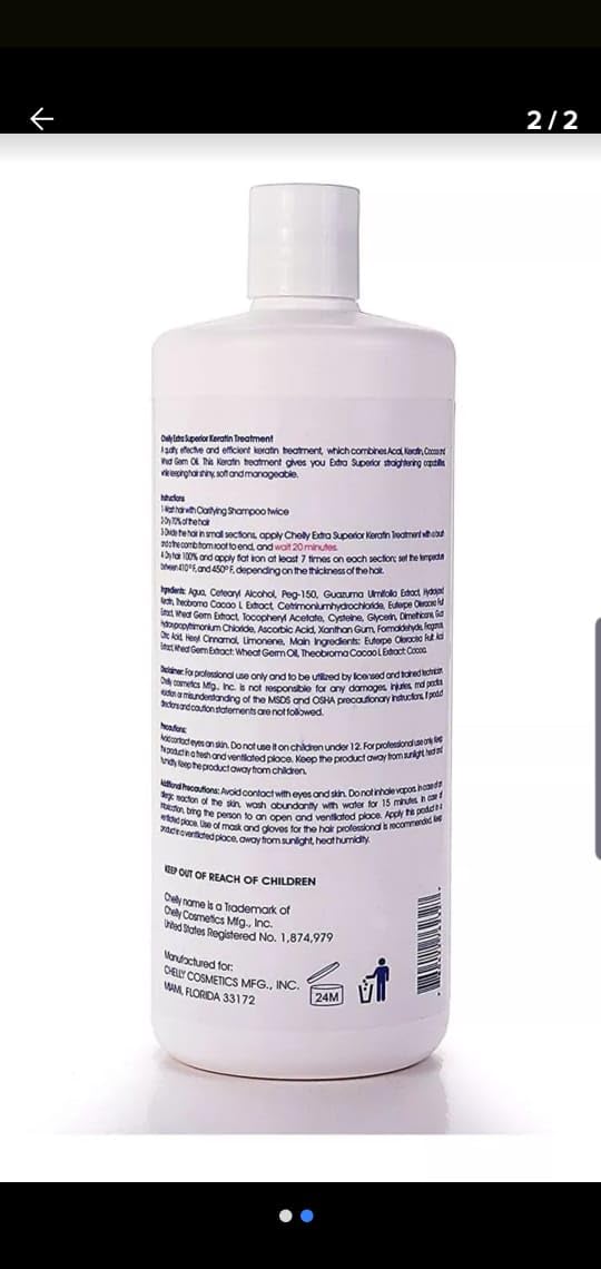 Chelly Superior Keratin ingredients chart highlights wheat germ oil and panthenol