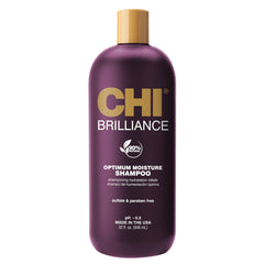 CHI Deep Brilliance shampoo bottle highlighting hydrating formula for soft, manageable hair.