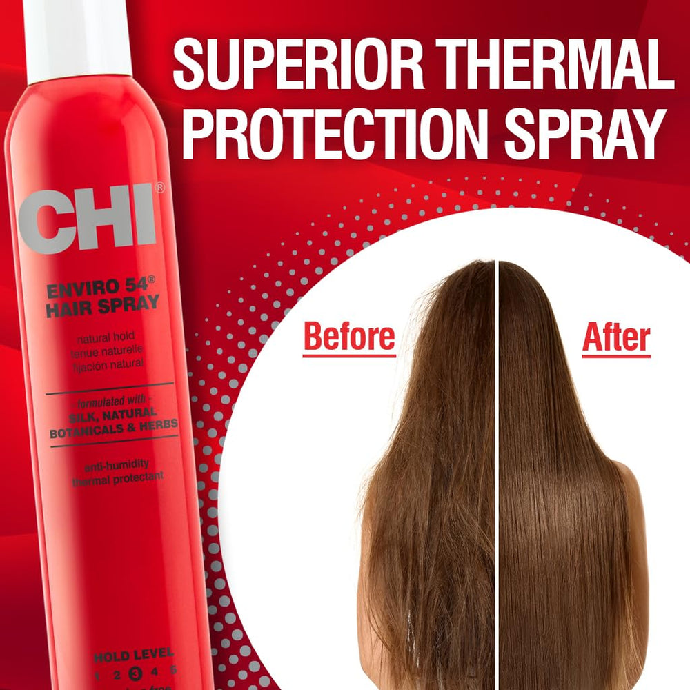 CHI Enviro 54 mist application provides lightweight hold for lasting style.