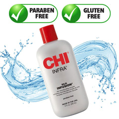 CHI Infra Silk Infusion application on dry hair for instant softness.
