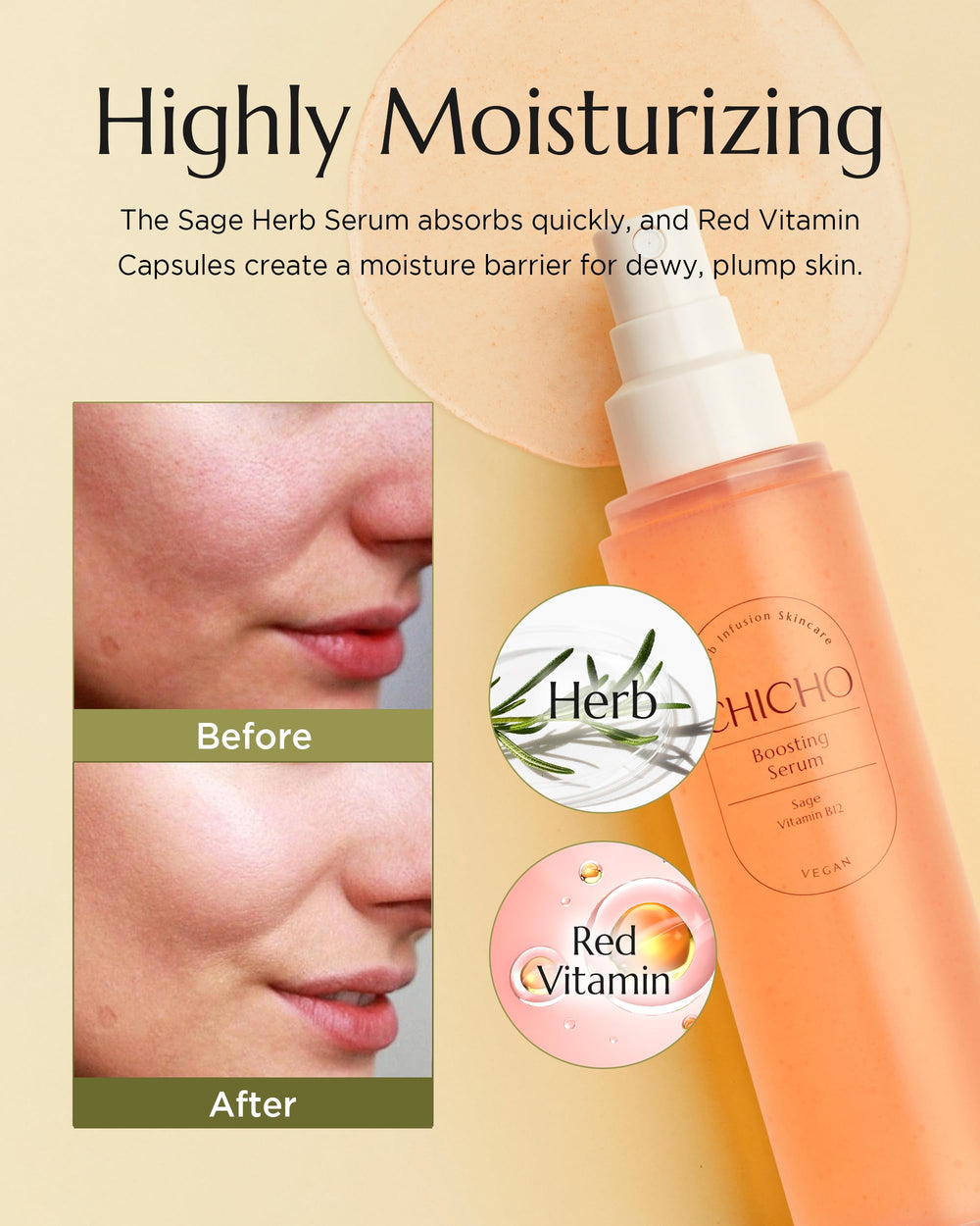 CHICHO Boosting Serum key ingredients visual with ceramide and hyaluronic acid.