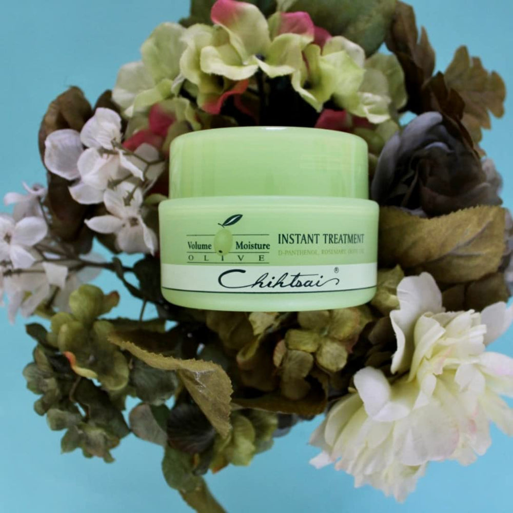 Chihtsai Olive Instant Treatment bottle shown, providing slip for styling
