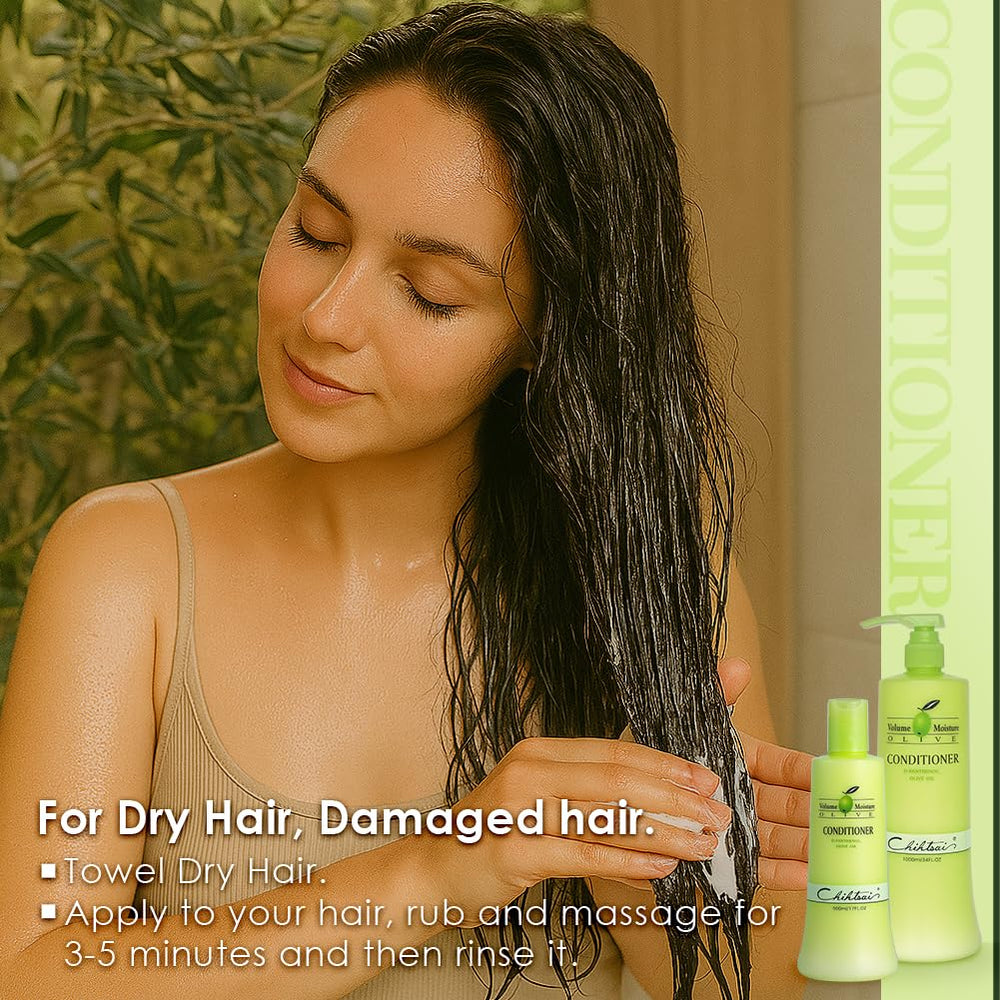 Chihtsai Volume Moisture Olive Conditioner texture close-up with smooth slip.