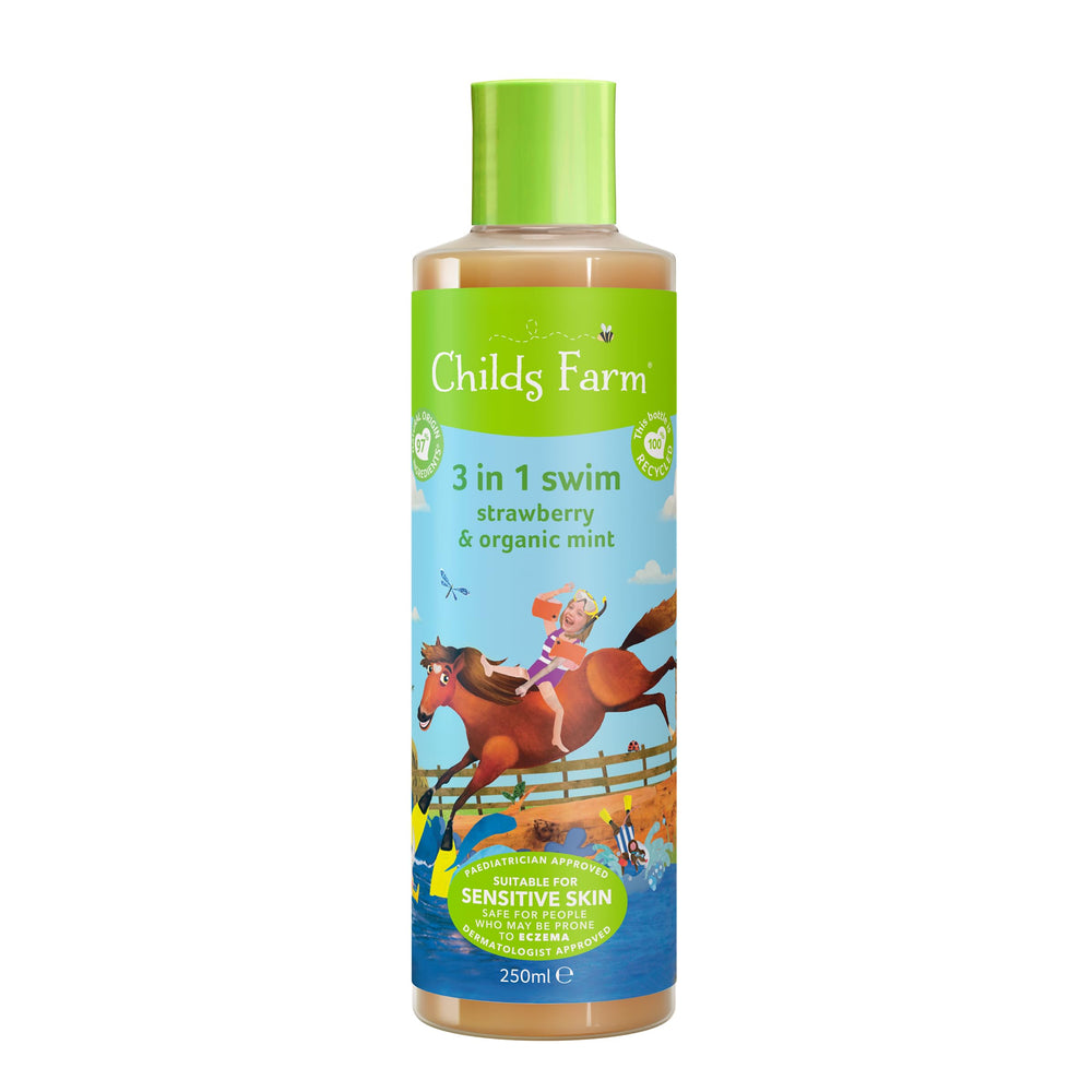 Childs Farm Kids 3-in-1 Swim bottle front view, gentle cleansing for sensitive skin.