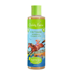 Childs Farm Kids 3-in-1 Swim bottle front view, gentle cleansing for sensitive skin.