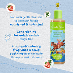 Childs Farm 3-in-1 Swim shows creamy lather for cleansing and conditioning.