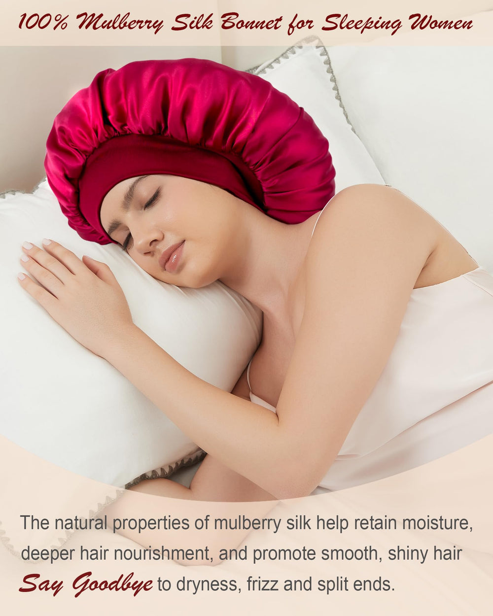Choshion silk bonnet on model sleeping demonstrates roomy fit for curly hair.