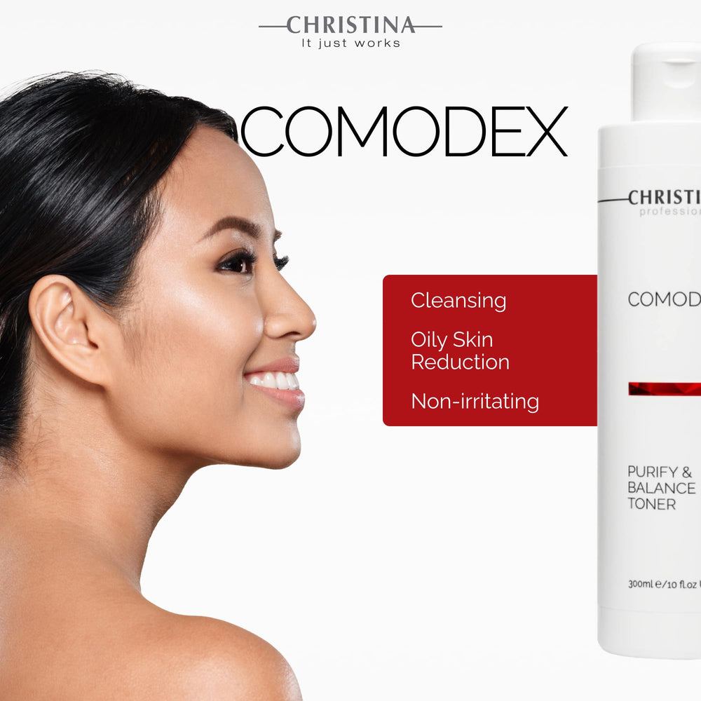 Cotton pad swiping Christina Comodex toner across skin for balance
