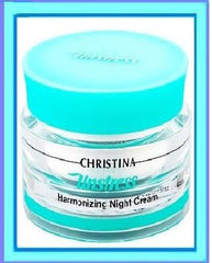 CHRISTINA Unstress Harmonizing Night Cream bottle demonstrates hydration and renewal for dry, aging skin.