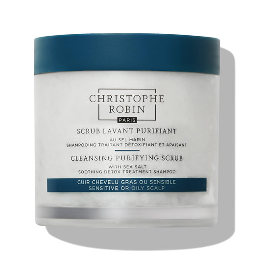 Christophe Robin Purifying Scalp Scrub sea-salt bottle close-up showing detox cleanse