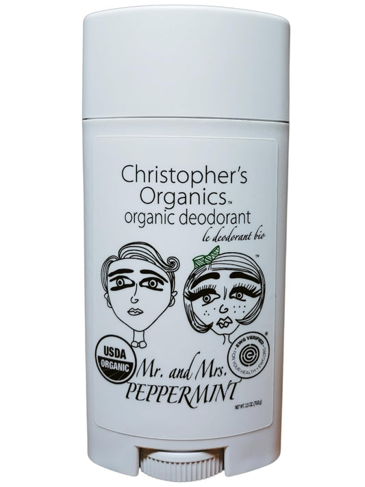 Christopher's Organics Mr. and Mrs. Peppermint deodorant bottle front, daily freshness.