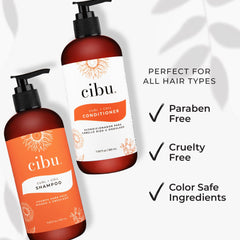 CIBU Curl + Coil conditioner bottle close-up emphasizing detangling and softness
