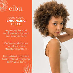 CIBU Curl + Coil Enhancing Gelée styled curls with shine and definition after use.