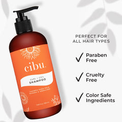 Close-up of CIBU Curl + Coil Shampoo on hair showing defined curls and shine.
