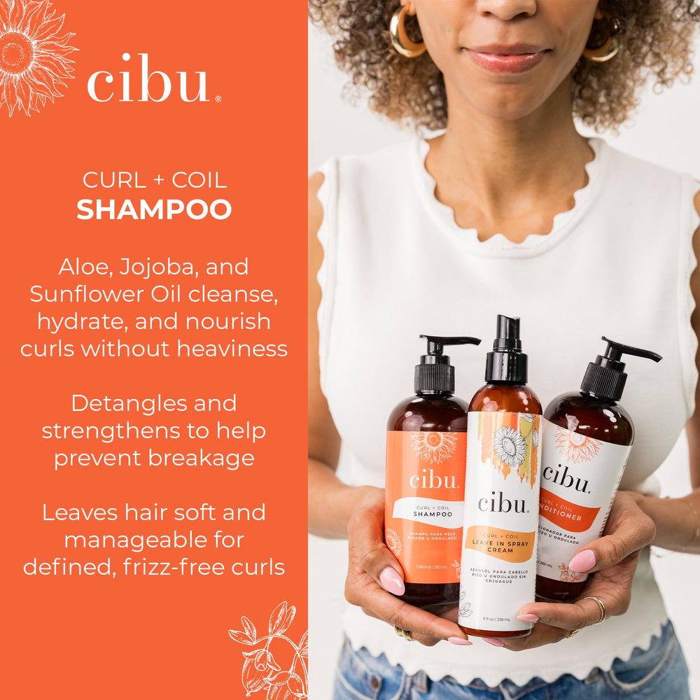 CIBU Curl + Coil Shampoo hands pouring demonstrates easy application.
