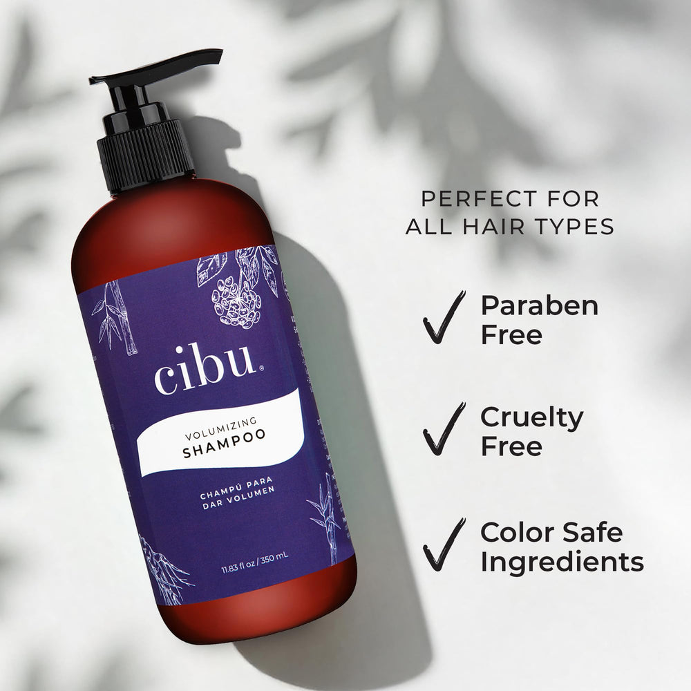 CIBU Hair Thickening Shampoo with botanicals shows scalp nourishment.