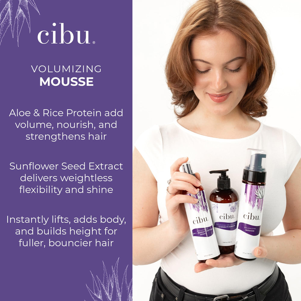 CIBU Volumizing Mousse strong hold on styled hair without stiffness.